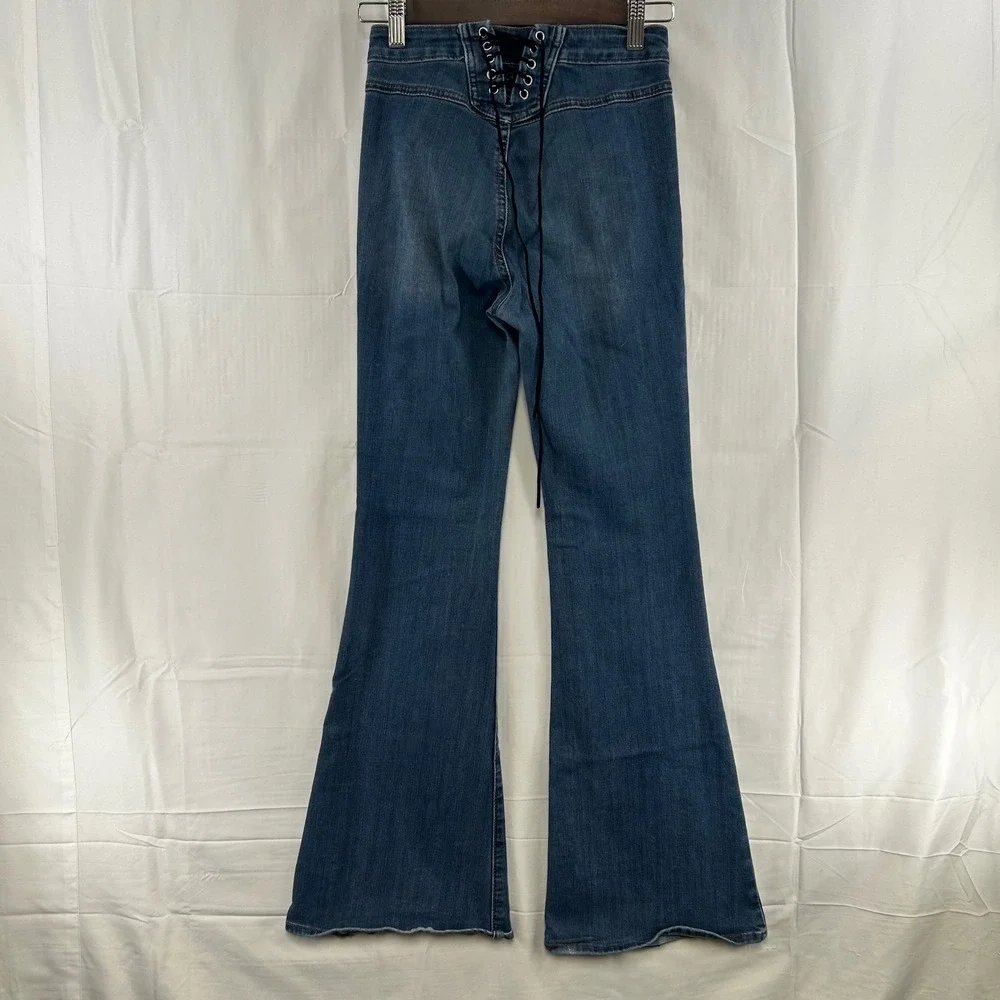 S.O.N.G. Flare Jeans Womens 00/23‎ Blue Lace-Up Back High Rise Fit N Flare